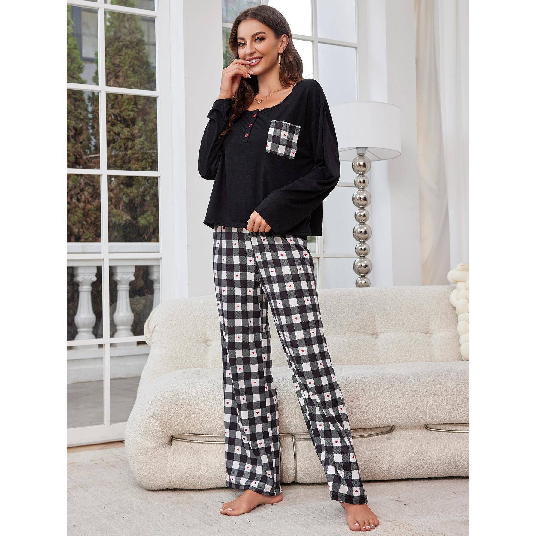 Sleepwear for women, spring and autumn checkered long sleeved cardigan, two-piece home suit_voghion.com