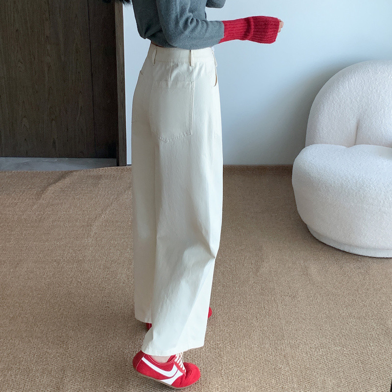 现货白色九分洗水棉阔腿牛仔裤女春秋季新款小个子宽松显瘦直筒裤|undefined