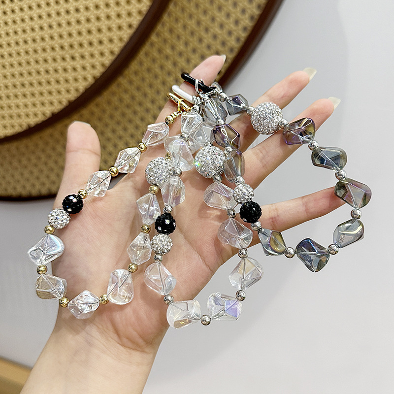Creative Rhombus Crystal Beaded Mobile Phone Chain, High-End Couple Handmade DIY Mobile Phone Case, Rhinestone Ball Pendant