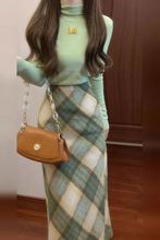 法式设计感绿色格子连衣裙子女秋冬季2025新款小个子穿搭一整套装