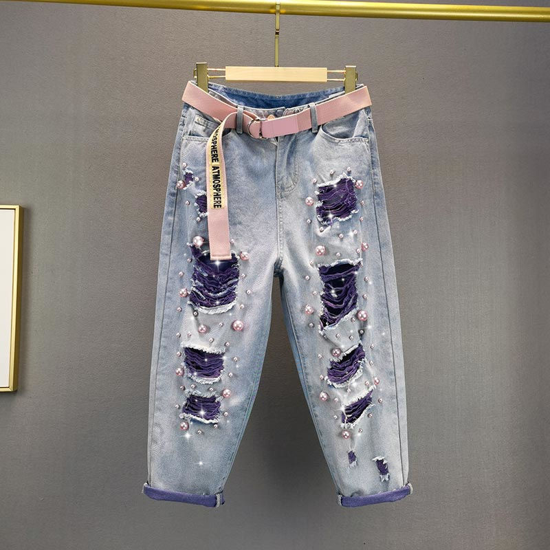 European Style Women's High Waist Distressed Jeans Loose Baggy Pants With Heavy Pearl Embellishment_ecoleips.com