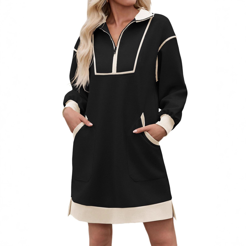 2025 European and American Style Sweatshirt Sports Skirt Half Zipper V Neck Long Sleeve Contrast Color Autum Casual Mini Dress 2025 European and American Style Sweatshirt Sports Skirt Half Zipper V Neck Long Sleeve Contrast Color Autum Casual Mini Dress