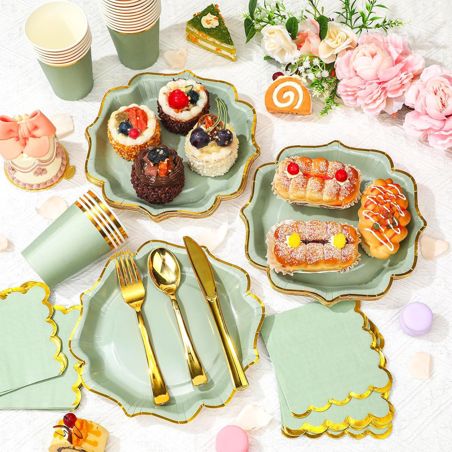 Elegant Gold-Foiled Green Disposable Party Tableware Set - Eco-Friendly Plates, Napkins & Cups For Events_voghion.com