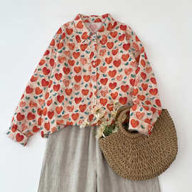 实拍夏新款纯棉全身印花爱心衬衫女长袖宽松版别致小众港味衬衣