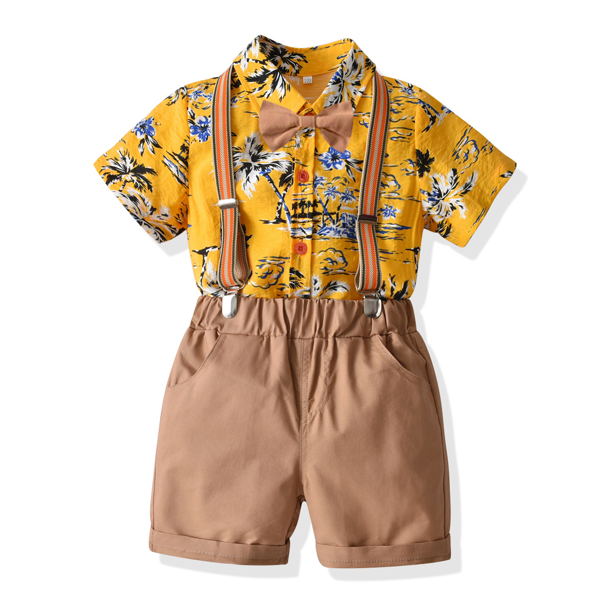 2022 Boys Maple Leaf Short Sleeve Shirt Strap Shorts Suit Small Children Bao Summer Short Sleeve Dress Cardigan
