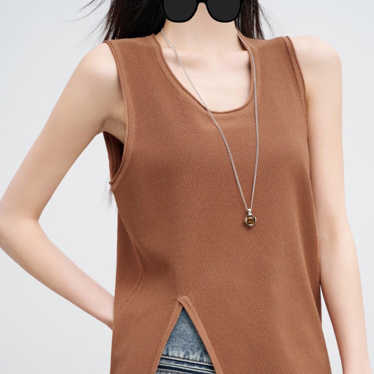 My【90 Series】Ice Mocha Vest Ice Silk Side Slit U-Neck Sleeveless Knitted Top