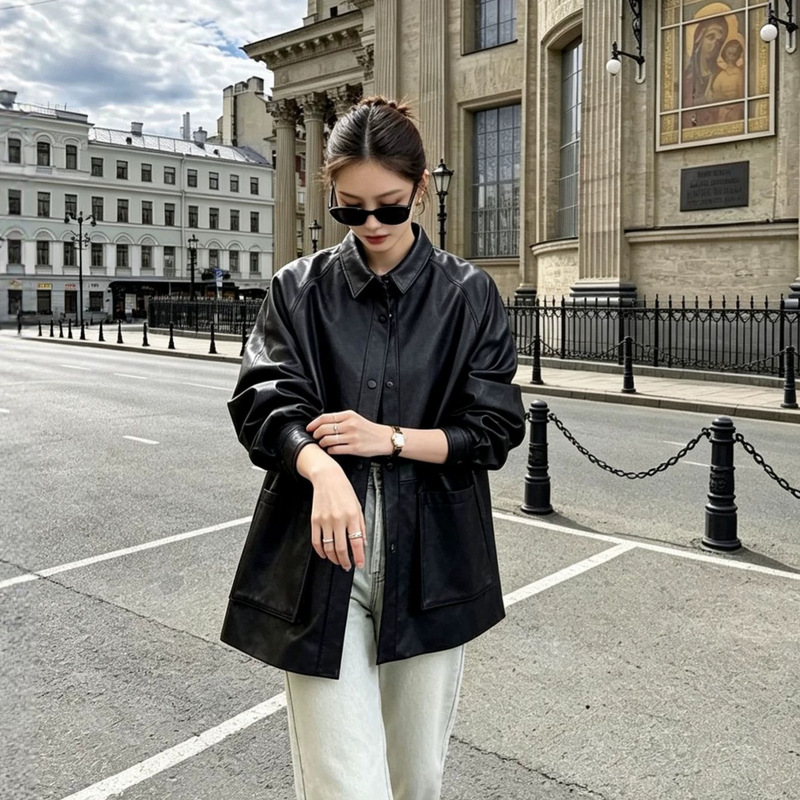 【Textured Style】Vegetable-Tanned Sheepskin Genuine Leather Women's Shirt, Mid-Length Casual Loose Silhouette Jacket, New