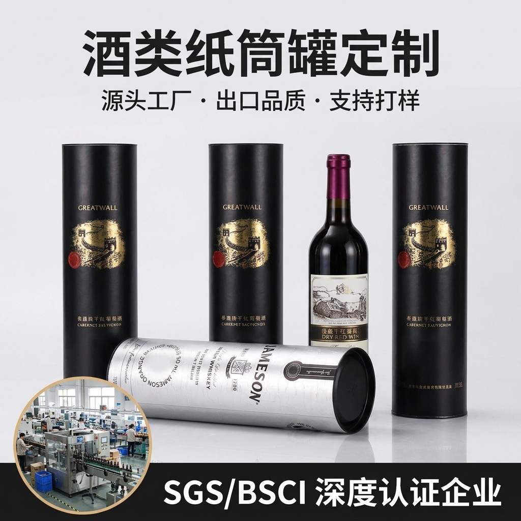 跨境洋酒白酒礼品圆形纸罐包装盒烫金印刷圆筒红酒纸筒纸罐厂家