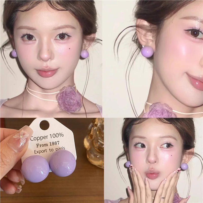 Gives a Bright Complexion! Fresh Candy-Colored Round Ball Earrings for Women, Spring and Summer, in Taro Purple, Korean Style, Simple and Sweet Earrings