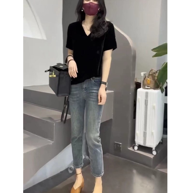 23600大爱美依缘2025早秋新款宽松V领T恤时尚九分烟管裤显瘦洋气|undefined