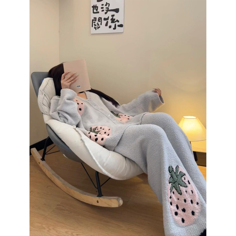 秋冬新款草莓印花半边绒睡衣女慵懒风氛围感加厚保暖家居服两件套|undefined