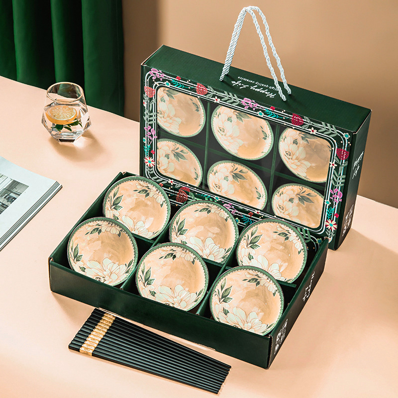 Ceramic Tableware Small Gift Bowl Household Wholesale Lettering Gift Box Set Bowl Gift Bowl Chopsticks Set Full Set of Accompanying Gift