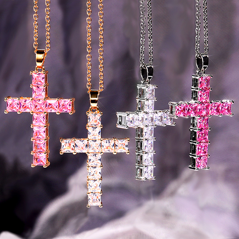 Retro Cross Copper Inlay Artificial Crystal Pendant Necklace 1 Piece