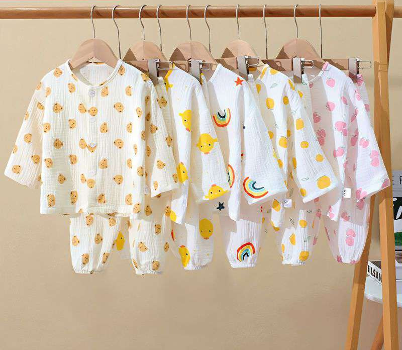 Children's Spring and Summer Pajamas Class A Pure Cotton Double-Layer Cotton Yarn Boys and Girls Summer Thin Long-Sleeved Home Clothes suit
