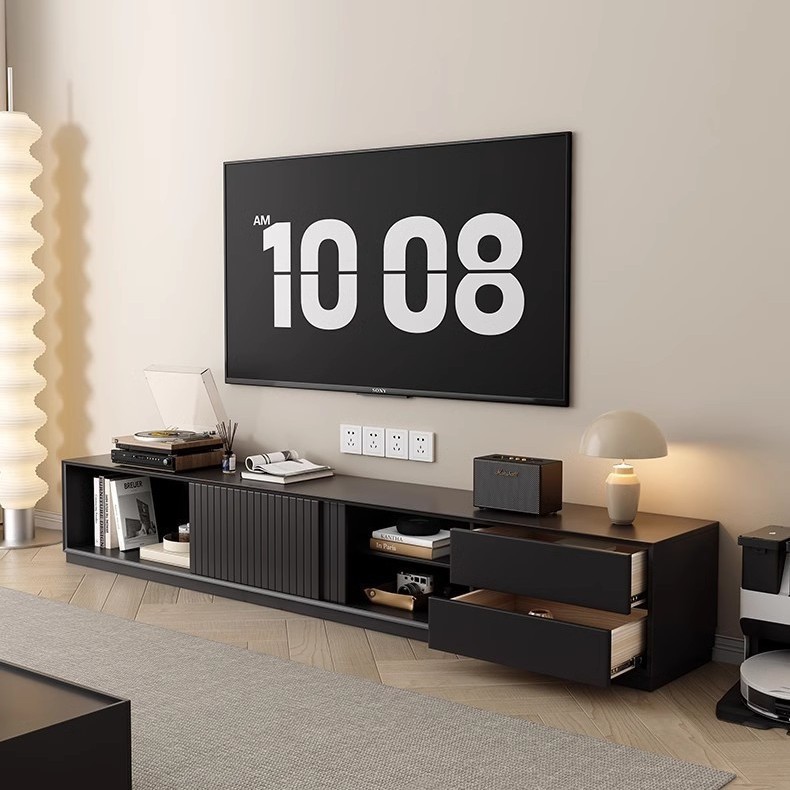Estilo de lujo ligero moderno, estilo de alta gama, mueble de TV de madera maciza negra, sala de estar, hogar, piso simple contra la pared, apartamento grande