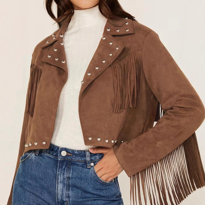 European and American Women's Clothing Cross-Border Women's Tassel Vest Hippie Suede Rivet Sleeveless Tassel Jacket Short Jacket European and American Women's Clothing Cross-Border Women's Tassel Vest Hippie Suede Rivet Sleeveless Tassel Jacket Short Jacket