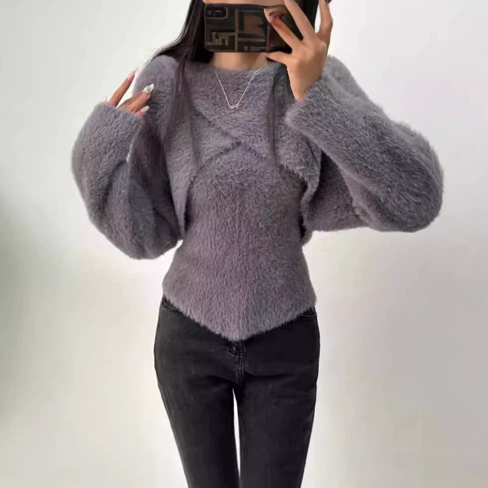 Корейский осенний новый шикарный комплект из двух предметов: вязаный свитер из искусственного меха норки и облегающий топ-камизоль