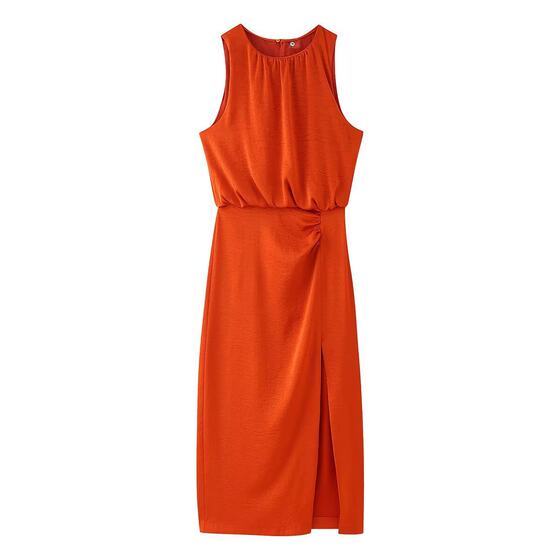ZAR Spring New Women's Clothing European and American Style French Style Pleated Decorative Silk Satin Texture Midi dress 254431