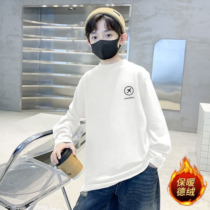 Children's woolen base layer shirt, semi-high collar top, boys' autumn and winter inner T-shirt, warm autumn clothes for toddlers and children.