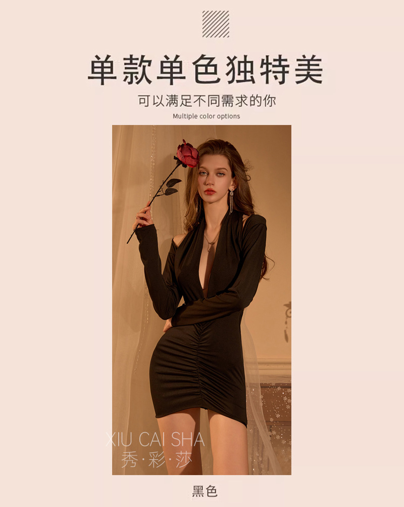 Xiuaisha Women’s Backless Deep V-Neck Lingerie Dress with Bodycon Skirt and Black Open-Crotch Stockings — detail image 5