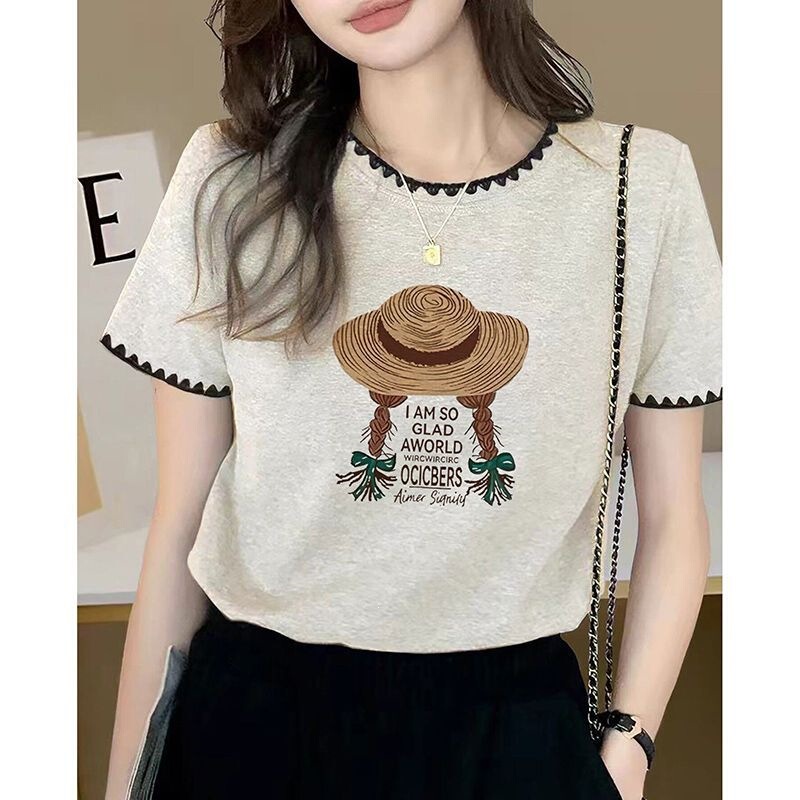 European High-Quality Pure Cotton Short-Sleeved T-Shirt for Women, New Summer Style, Beige Lace, Regular Shoulder, Round Neck T-Shirt Top European High-Quality Pure Cotton Short-Sleeved T-Shirt for Women, New Summer Style, Beige Lace, Regular Shoulder, Round Neck T-Shirt Top