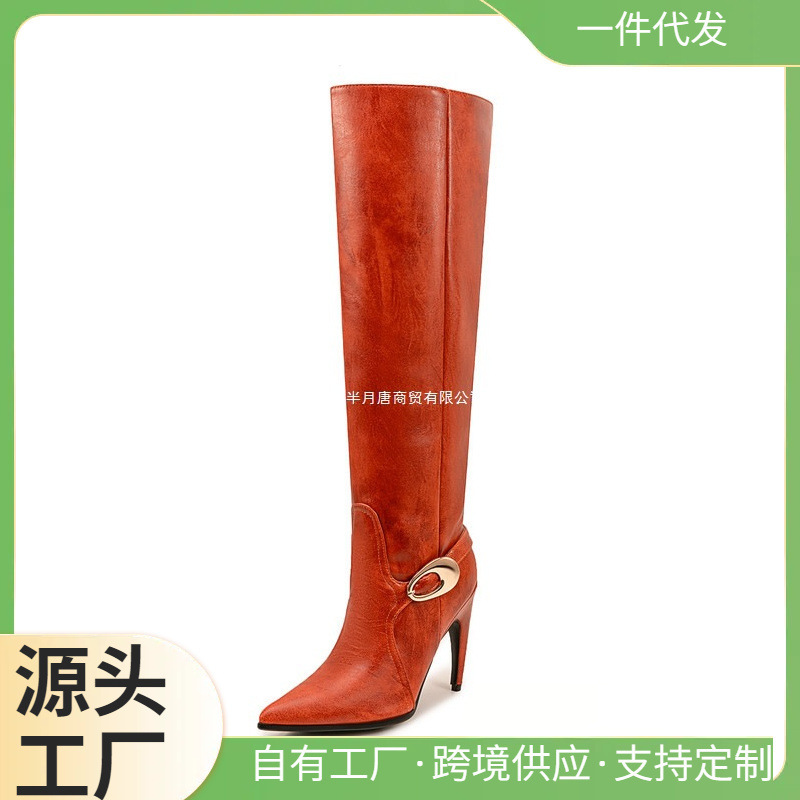 European and American Style Over-The-Knee Boots, Wide Tube Kitten Yellow Ready-Made Cross-Border Large Size Women's Shoes Purple Cross-Border Large Size Wholesale