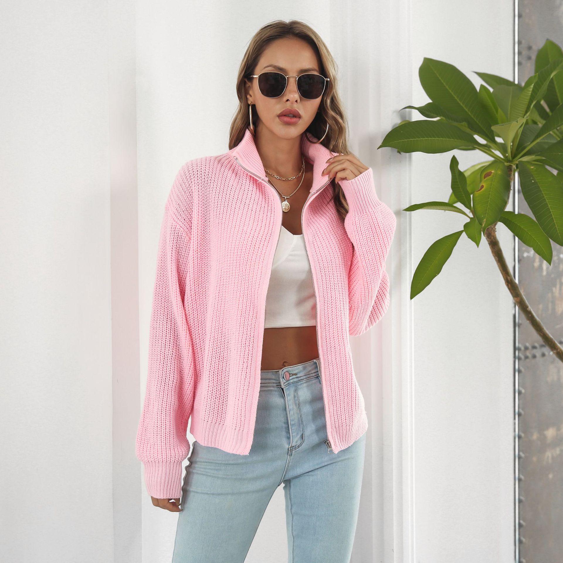 Zipper Sweater Coat Women Turtleneck Loose Knitted Women Long Sleeved Autumn Winter Women Cardigan