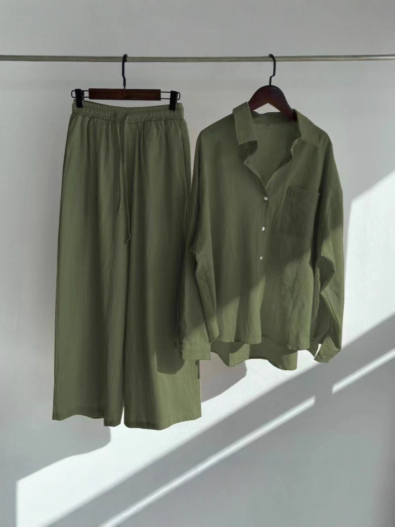 2025 Cross-Border Amazon Women's Retro Plus Size Cotton Linen Shirt Set High Waist Loose Pants Two-Piece Set for Women