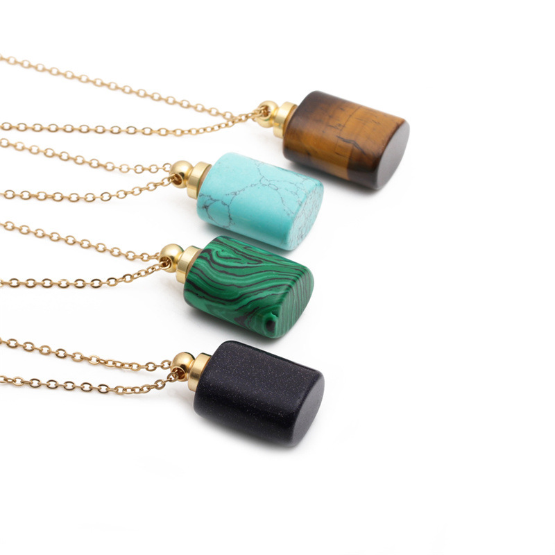 Fashion semi-precious stone flat cylindrical perfume bottle necklace