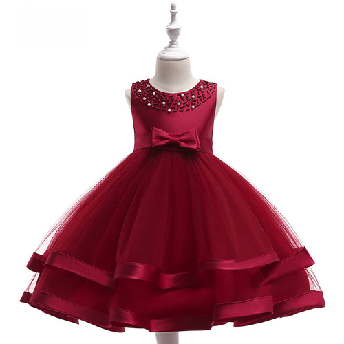 Children's Dress Princess Dress Round Neck Beaded Cake Puff Skirt Ribbon Flower Child Wedding Dress For Older Children