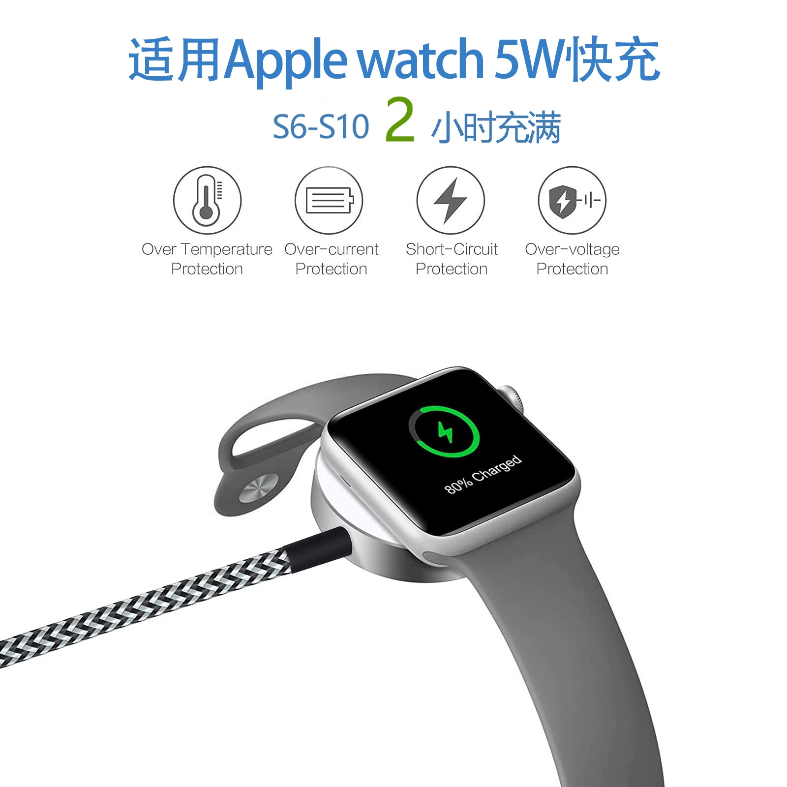 Для Apple Watch 5W Быстрая зарядка Беспроводное зарядное устройство Магнитная беспроводная зарядная S7-S10 Нейлон плетеный зарядный кабель
