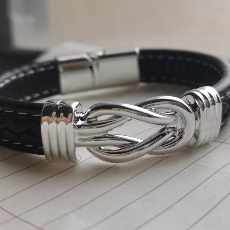 Cross-border bracelet black leather silver buckle without words