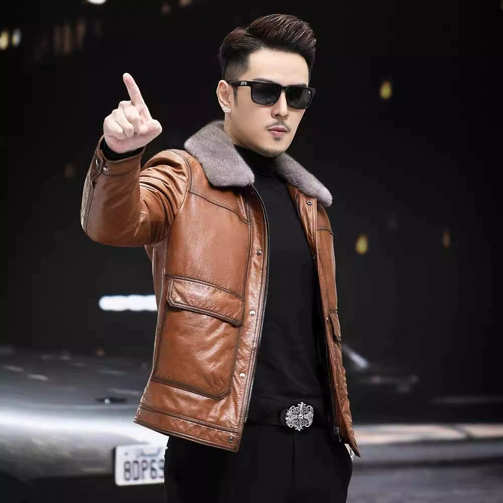 Leather short fitted liner with down, jacket, genuine leather, cowhide