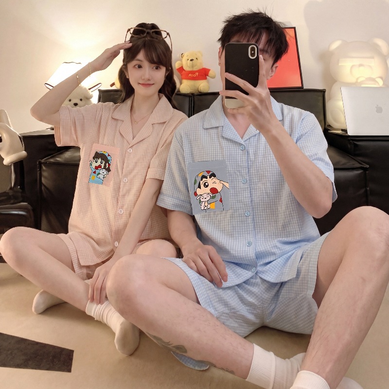 云朵棉夏季新款卡通印花短袖短裤情侣开衫睡衣女休闲舒适家居服装