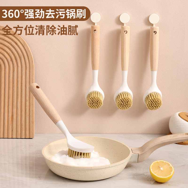 Brush Pot Natural Brush Dishwashing Brush Pot Wooden Handle Cleaning Kitchen New Long Handle Household Cleaning Artifact