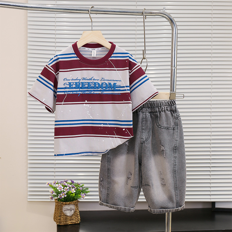 7258 Traje delgado de manga corta para niños Camiseta de verano para niños Pantalones cortos de mezclilla Baby 2025 Nuevo verano coreano 3