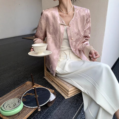 JWUNIQUE酒窝粉色新中式国风圆领外套女秋季2025休闲气质百搭上衣
