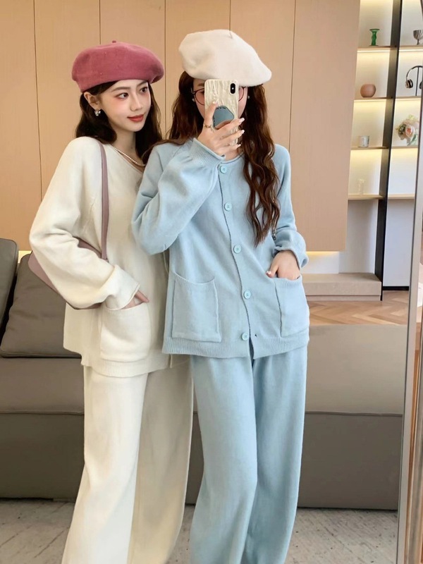 欧美纯色针织衫套装女2025秋冬新款开衫外套阔腿裤两件套日韩休闲|undefined