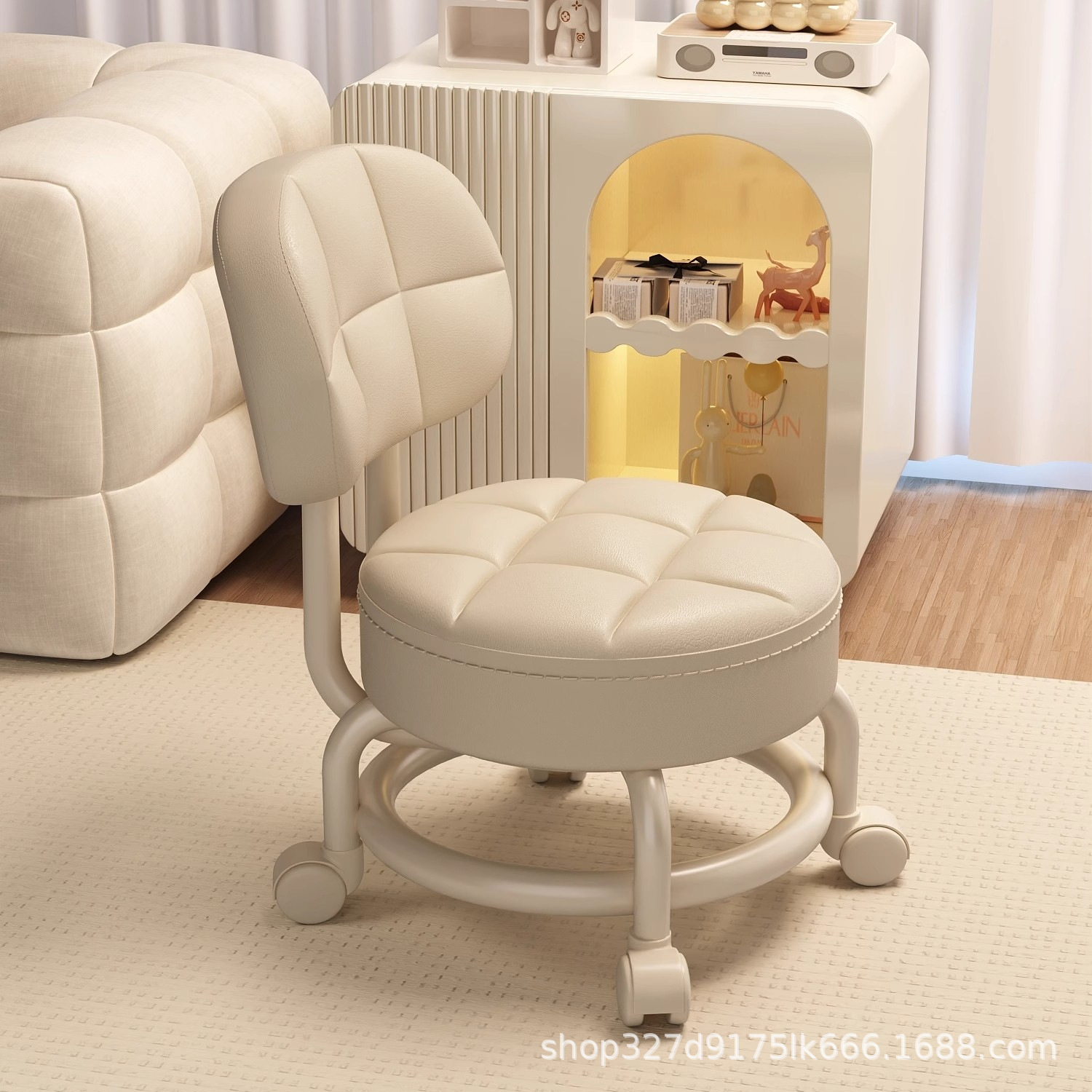 Swivel Small Stool with Wheels, Low Stool for Home Use, Shoe-Changing Stool with Backrest, Children's Round Stool, Soft Cushion Chair, Bench