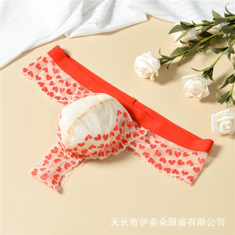 Red heart lace men's thong, lightweight mesh transparent pouch, wide waistband, sexy and erotic underwear