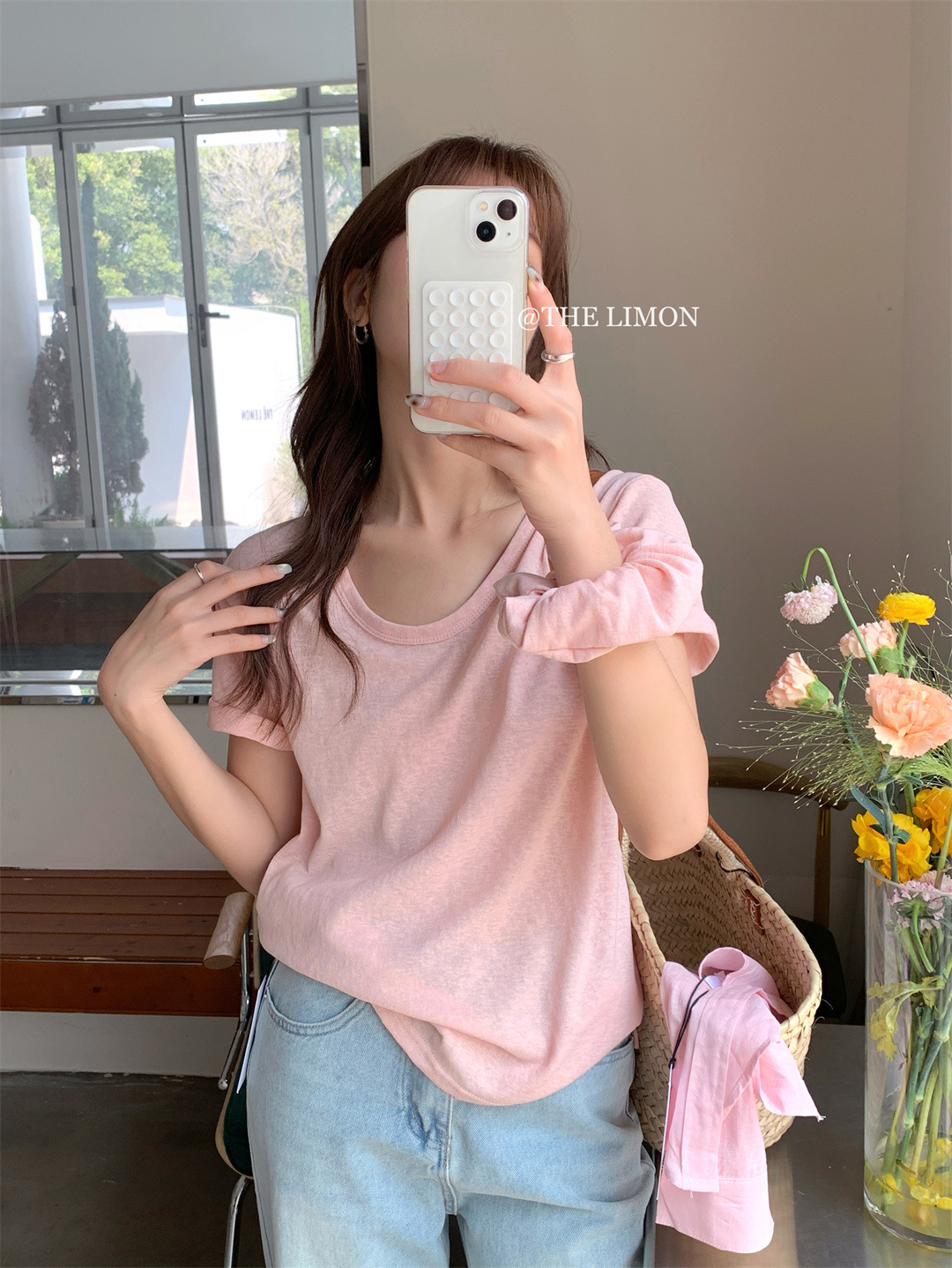 Liquidación, sin devoluciones ni cambios, camiseta de manga corta con cuello en U, estilo básico de té verde limón, estilo coreano simple de verano 2025, para mujer, con lazo para el pelo. image 7