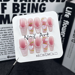 晶石貓眼手工穿戴甲噴槍腮紅手繪法式手工美甲中長款假指甲批發