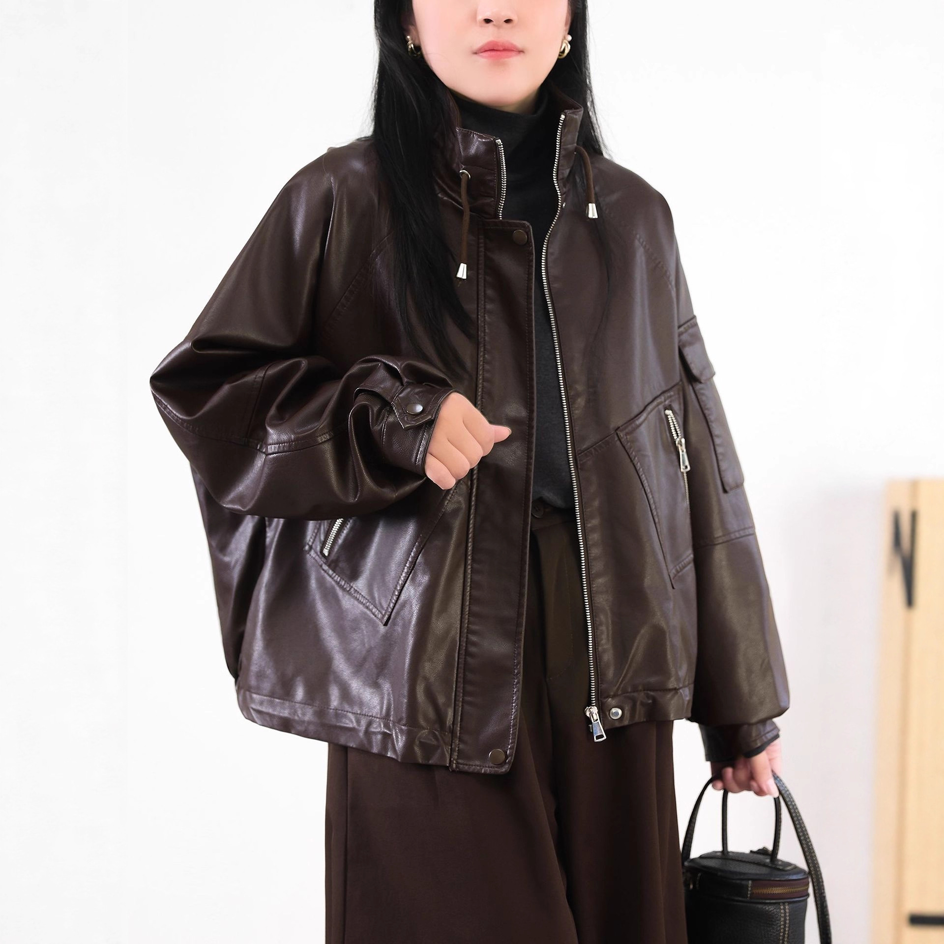 Stylish Pu Leather Stand Collar Jacket for Women, Fashionable and Trendy Loose Short Biker Jacket Cardigan Top