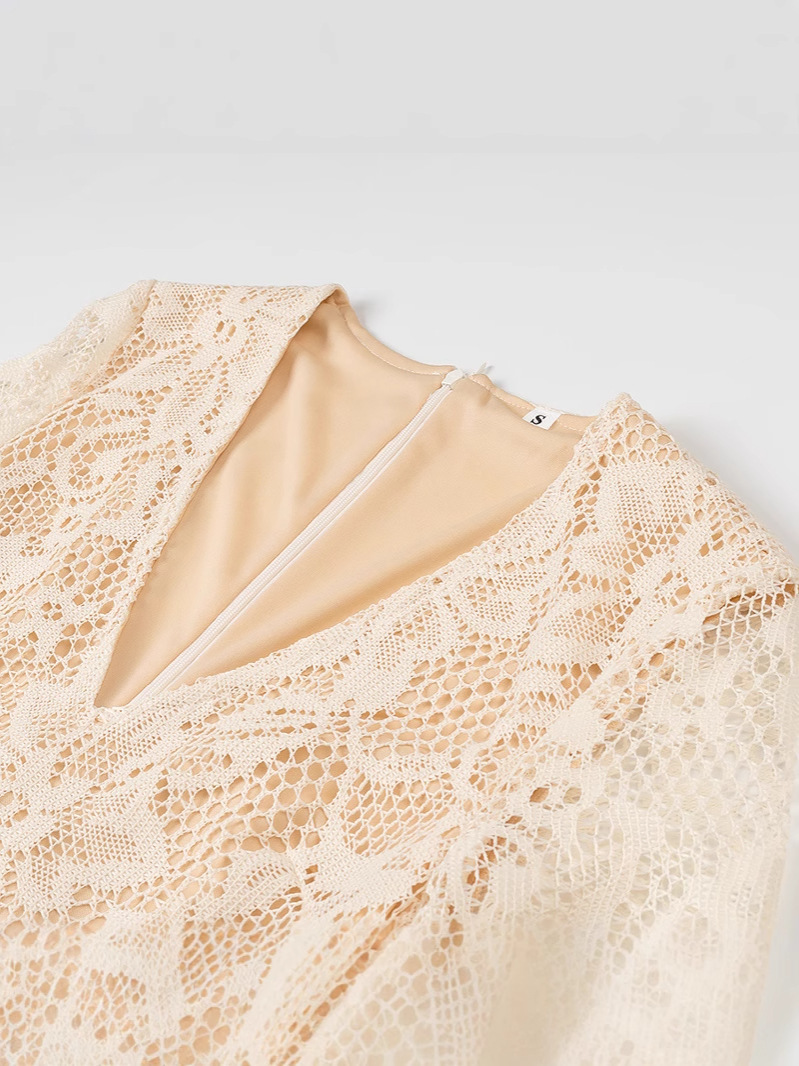 European And American Style Sexy Female Deep V Long Sleeve Mesh Lace Hollow Dress