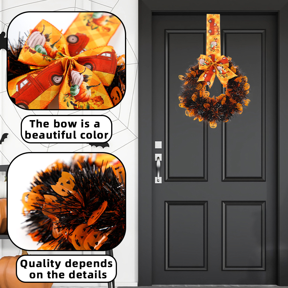 Adorno de Corona de Lazo para Halloween, Decoración para Fiesta del Festival de los Fantasmas, Suministros de Decoración con Calavera, Calabaza, Cinta, Enredadera Artificial, Círculo para Colgar en la Puerta