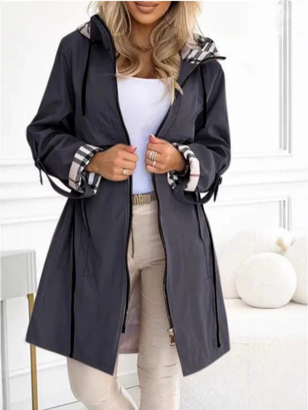 Демисезонное trench coat женское, с капюшоном, европейский стиль, молния и шнурок