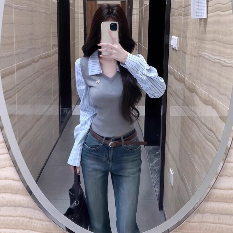 초가을 새로운 줄무늬 가짜 투피스 스플 라이스 긴팔 티셔츠 셔츠 여성 캐주얼 디자인 슬림 피트 탑