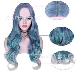 跨境欧美亚马逊中分长发蓝绿渐变色卷发hair化纤 wigs假发 全头套