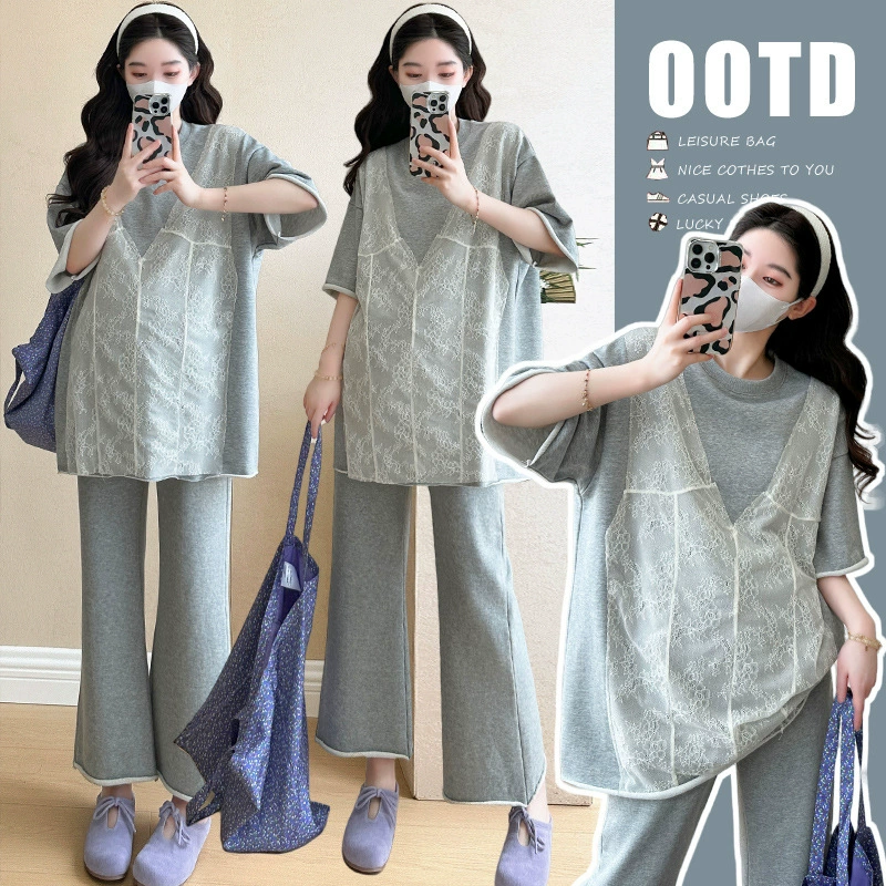 Летний костюм для беременных 2025 года: повседневная футболка и кружевной топ с вставками + брюки с пуговицами «свиной нос»