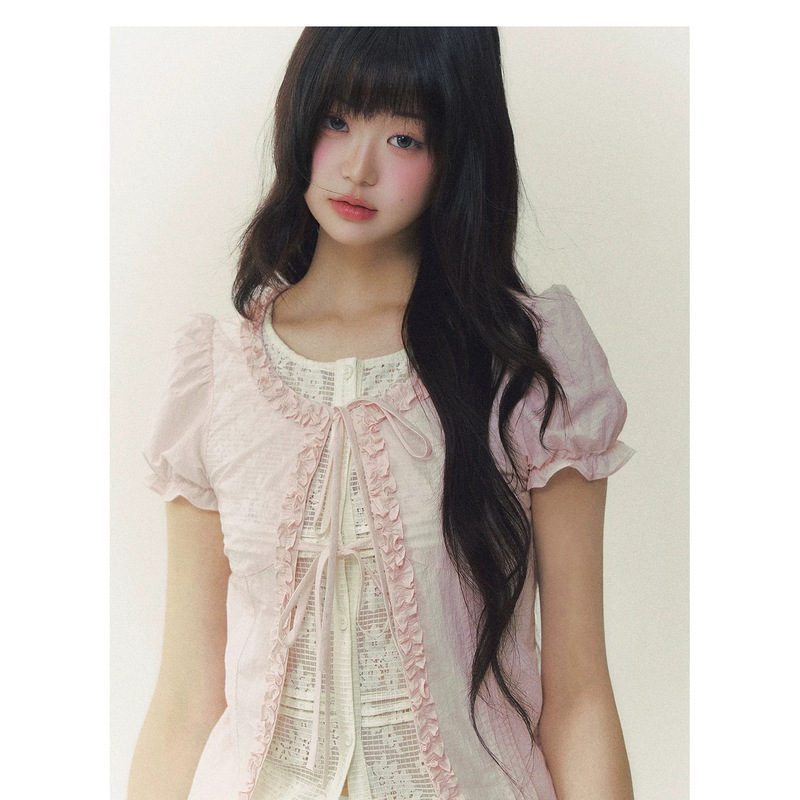Sunsetpark Sweet Style Fake Two-Piece Lace Puff Sleeve Tie Slim Fit Short Sleeve Shirt + Half Sunsetpark Sweet Style Fake Two-Piece Lace Puff Sleeve Tie Slim Fit Short Sleeve Shirt + Half
